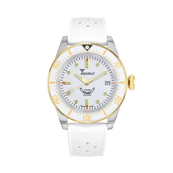 Squale 1545 White Dial Dive Watch with Gold Accents and Rubber Strap #1545WTWT.HTW