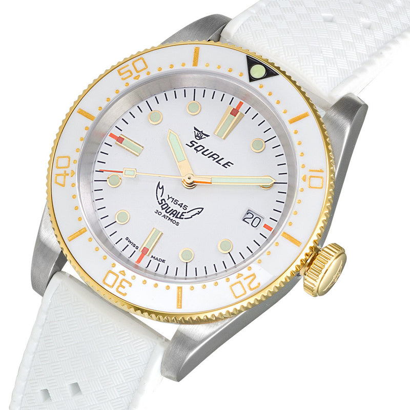 Squale 1545 White Dial Dive Watch with Gold Accents and Rubber Strap #1545WTWT.HTW tilt