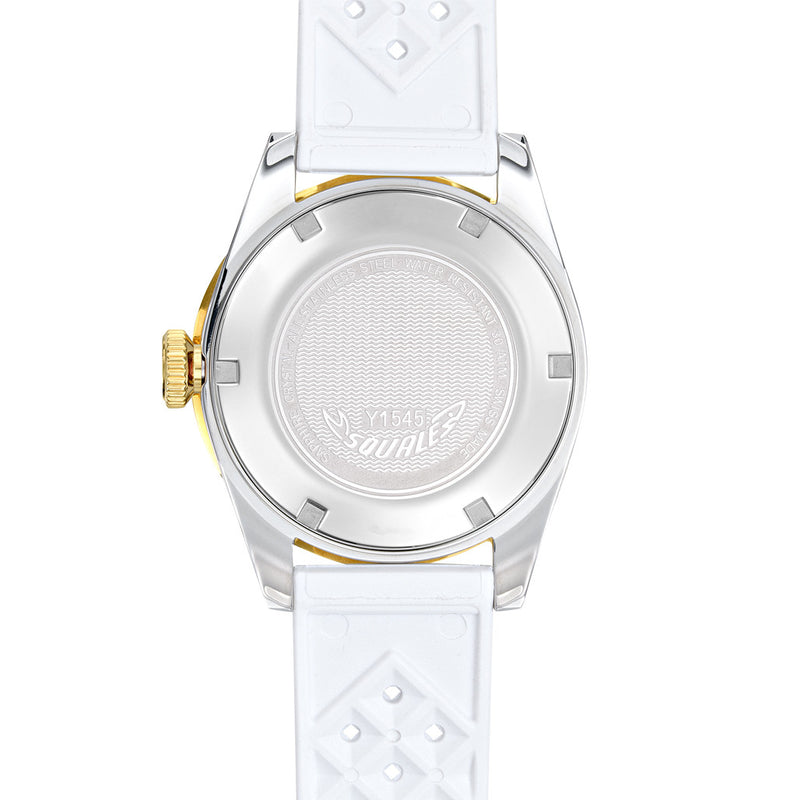 Squale 1545 White Dial Dive Watch with Gold Accents and Rubber Strap #1545WTWT.HTW back