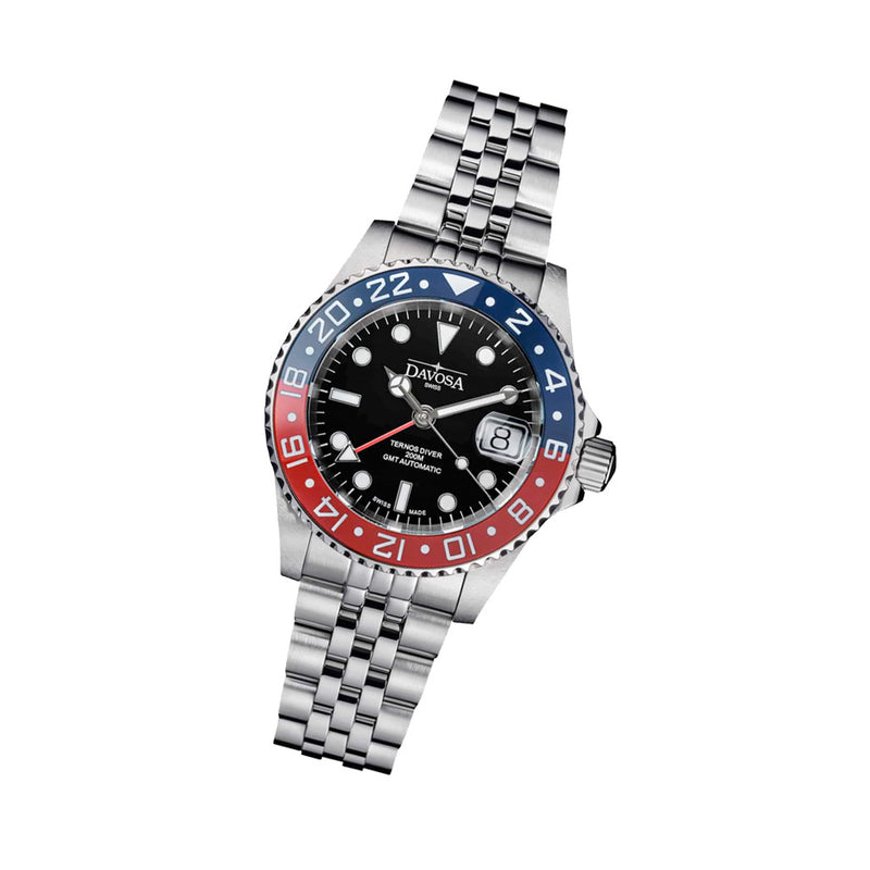Davosa Swiss Made Ternos Ceramic GMT Automatic with Pepsi Bezel and Pentalink Bracelet #16159006 Tilt