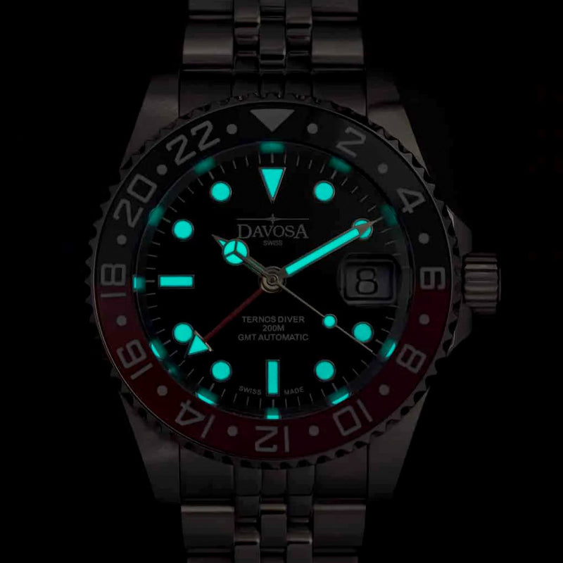 Davosa Swiss Made Ternos Ceramic GMT Automatic with Coke Bezel and Pentalink Bracelet #16159009 Lume