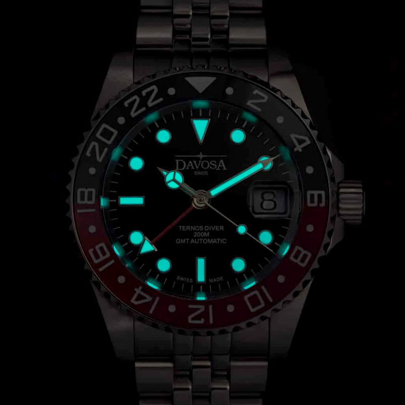 Davosa Swiss Made Ternos Ceramic GMT Automatic with Coke Bezel and Trialink Bracelet #16159090 Lume