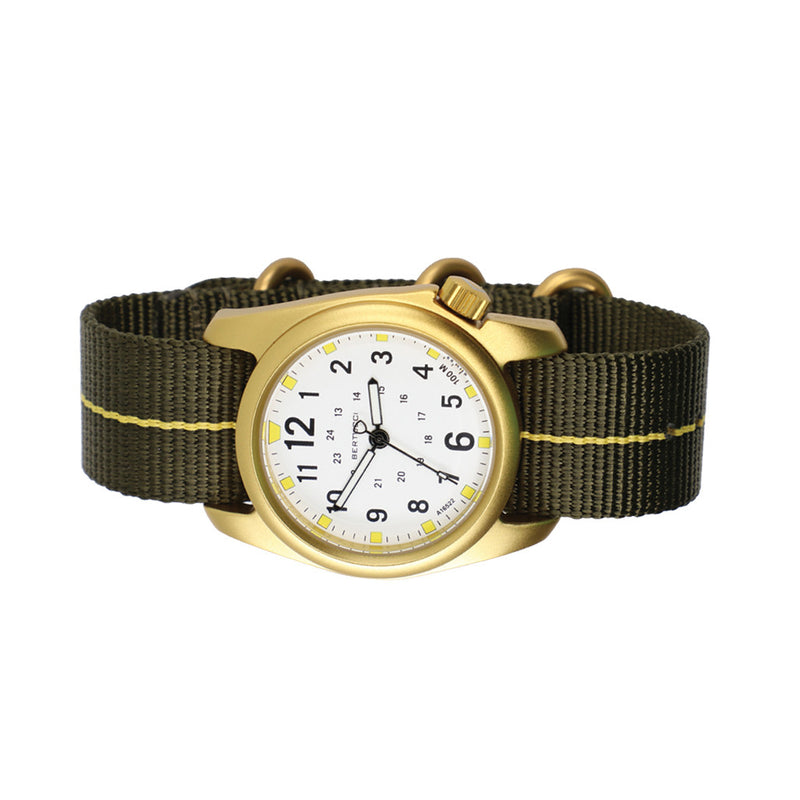 Bertucci A-2A Golden Field Watch with White Dial and Striped Nylon Band #16301 tilt