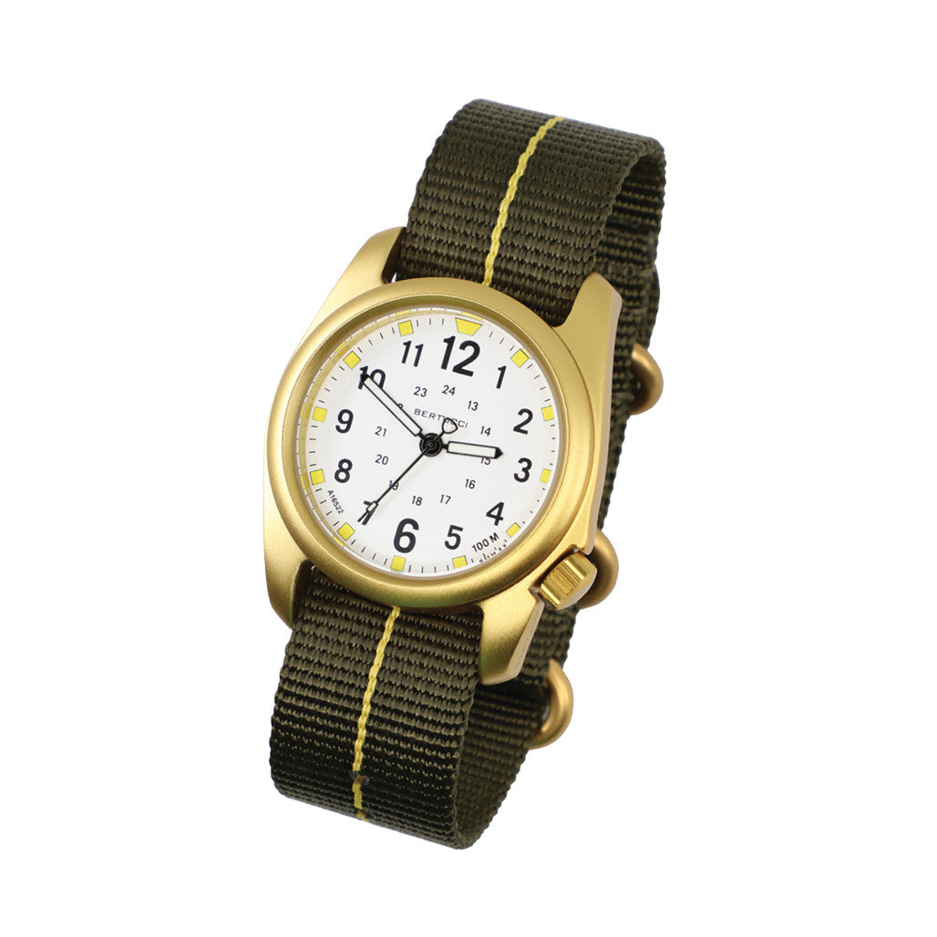 Bertucci A-2A Golden Field Watch with White Dial and Striped Nylon