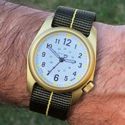 Bertucci A-2A Golden Field Watch with White Dial and Striped Nylon Band #16301 wrist