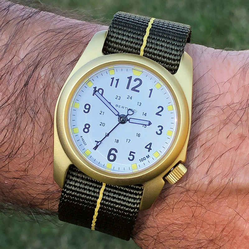 Bertucci A-2A Golden Field Watch with White Dial and Striped Nylon Band #16301 wrist