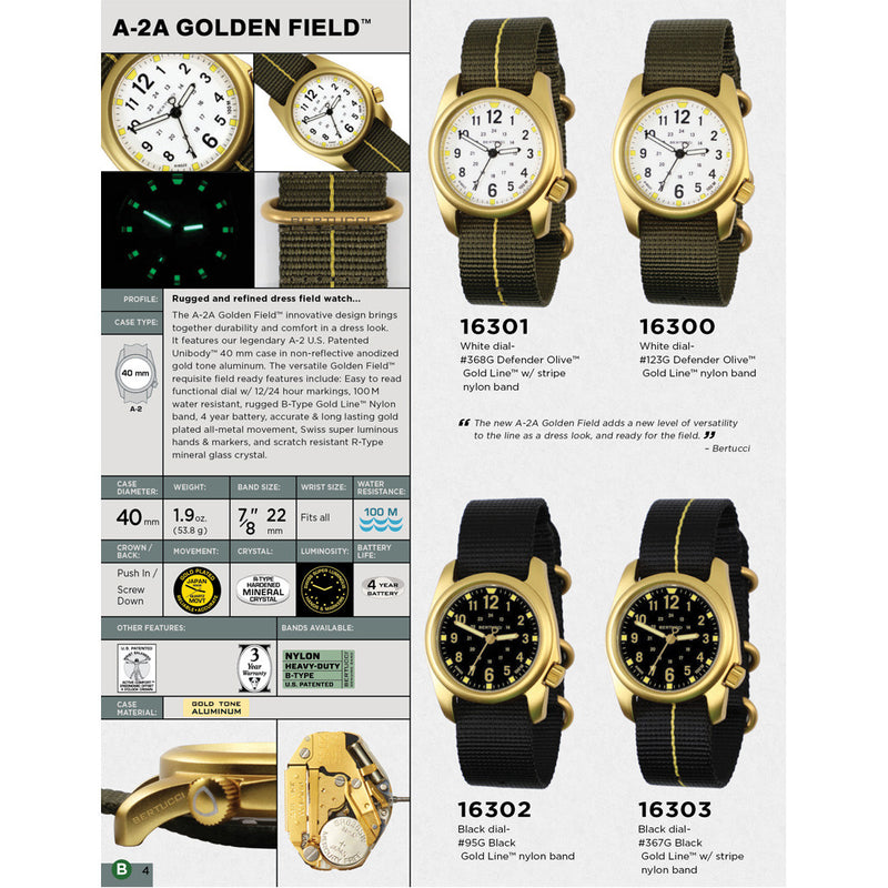 Bertucci A-2A Golden Field Watch with Black Dial and Striped Nylon Band #16303 ad
