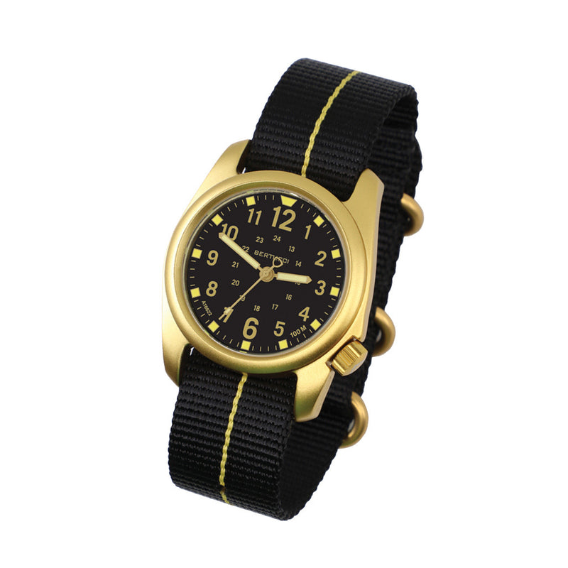 Bertucci A-2A Golden Field Watch with Black Dial and Striped Nylon Band #16303 tilt