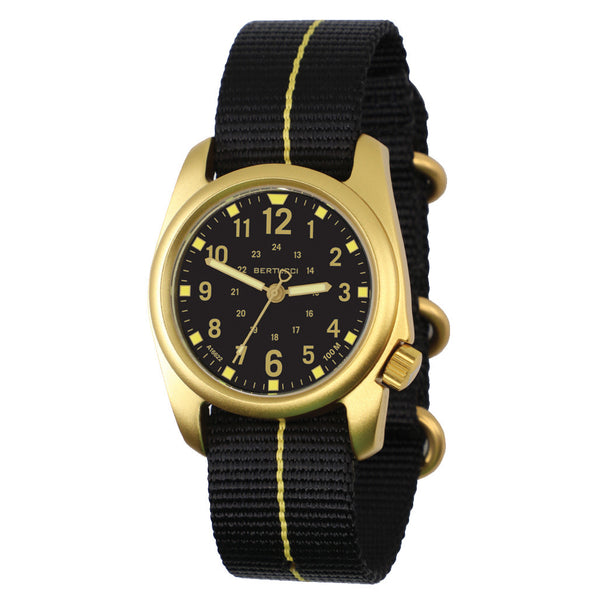 Bertucci A-2A Golden Field Watch with Black Dial and Striped Nylon