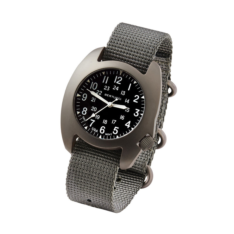 Bertucci D-3T Retroform Epic Field Watch with Black Dial and Vintage Drab Nylon Strap #17016 tilt