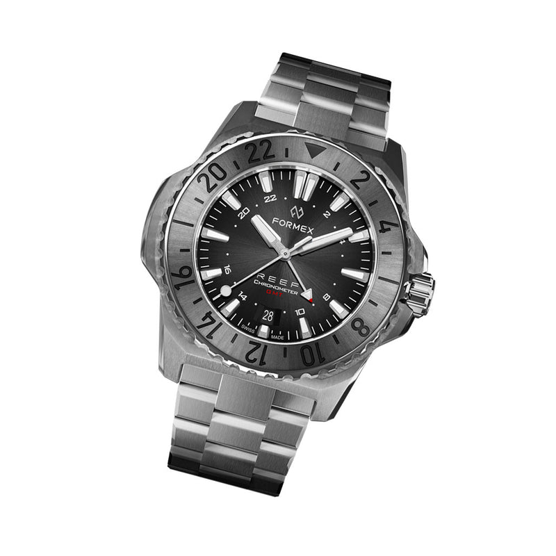 Formex REEF GMT Chronometer Dive Watch with Black Dial and Silver Bezel #2202.1.5331.100 tilt