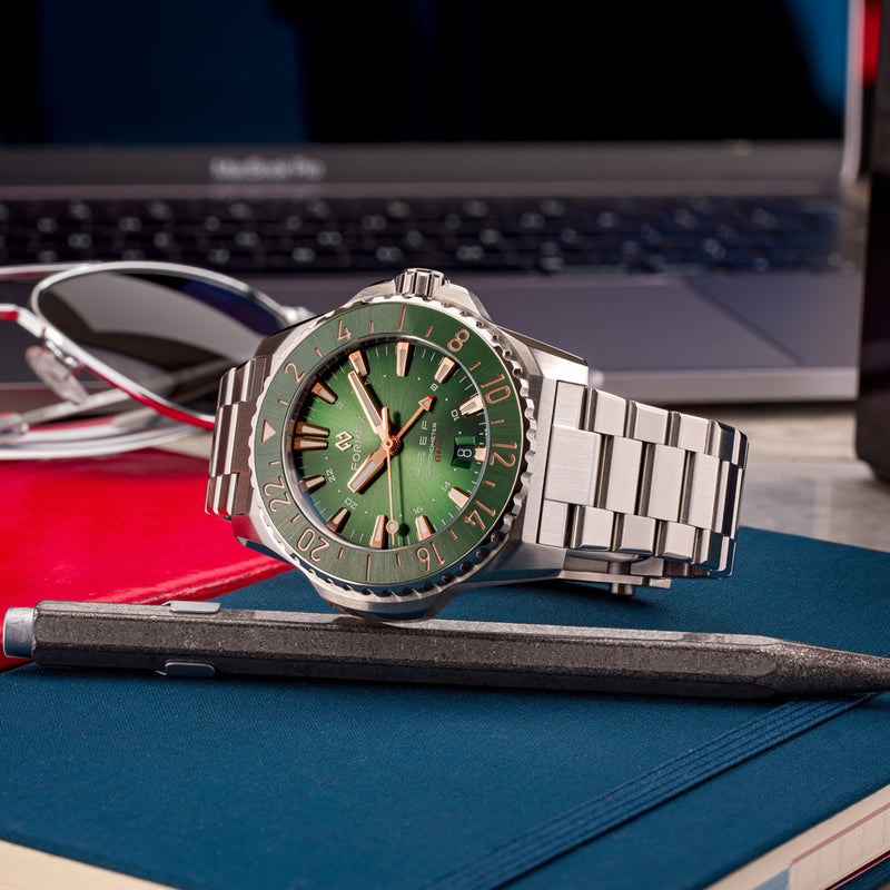 Formex REEF GMT Chronometer Dive Watch with Gilt Green Dial and Bezel #2202.1.5388.100 lifestyle