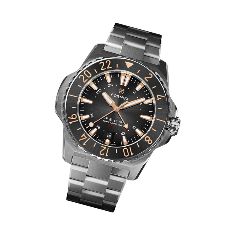Formex REEF GMT Chronometer Dive Watch with Gilt Black Dial and Bezel #2202.1.5399.100 tilt