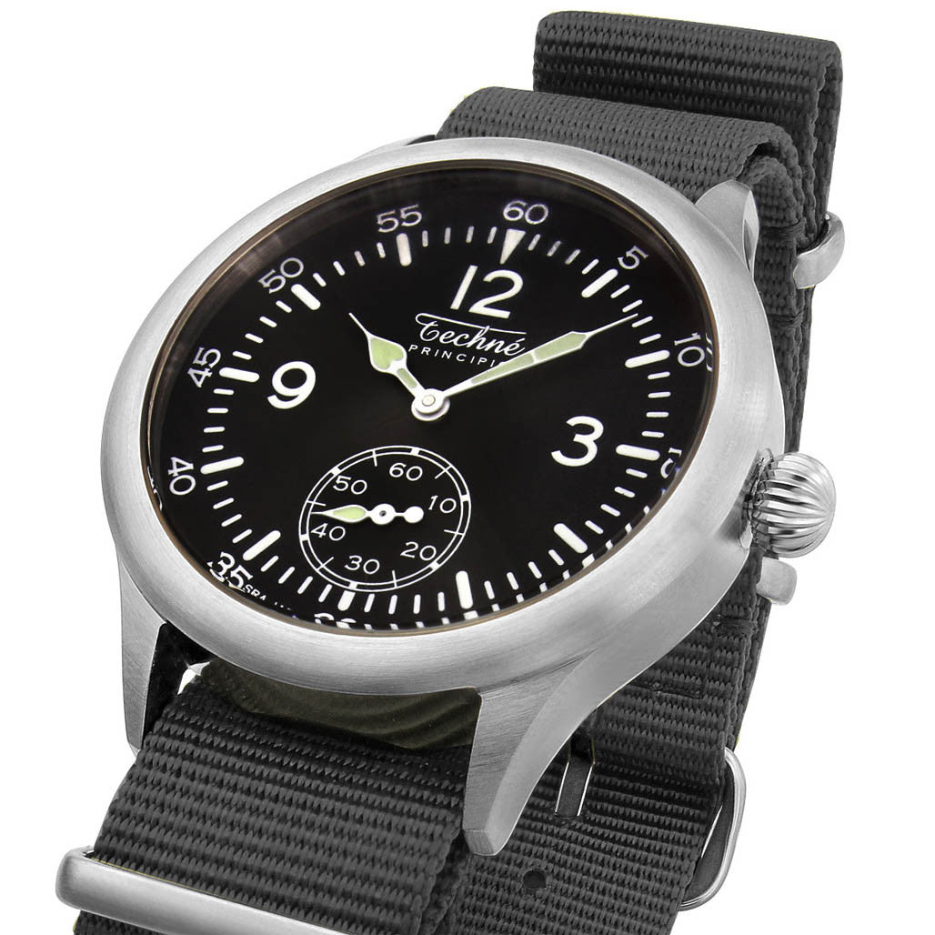 Techne 39.5mm Merlin Quartz Aviator Watch with Black Strap