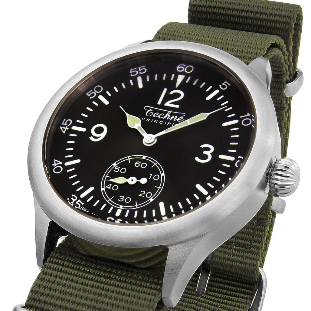 Techne 39.5mm Merlin Quartz Aviator Watch with Olive Green Strap
