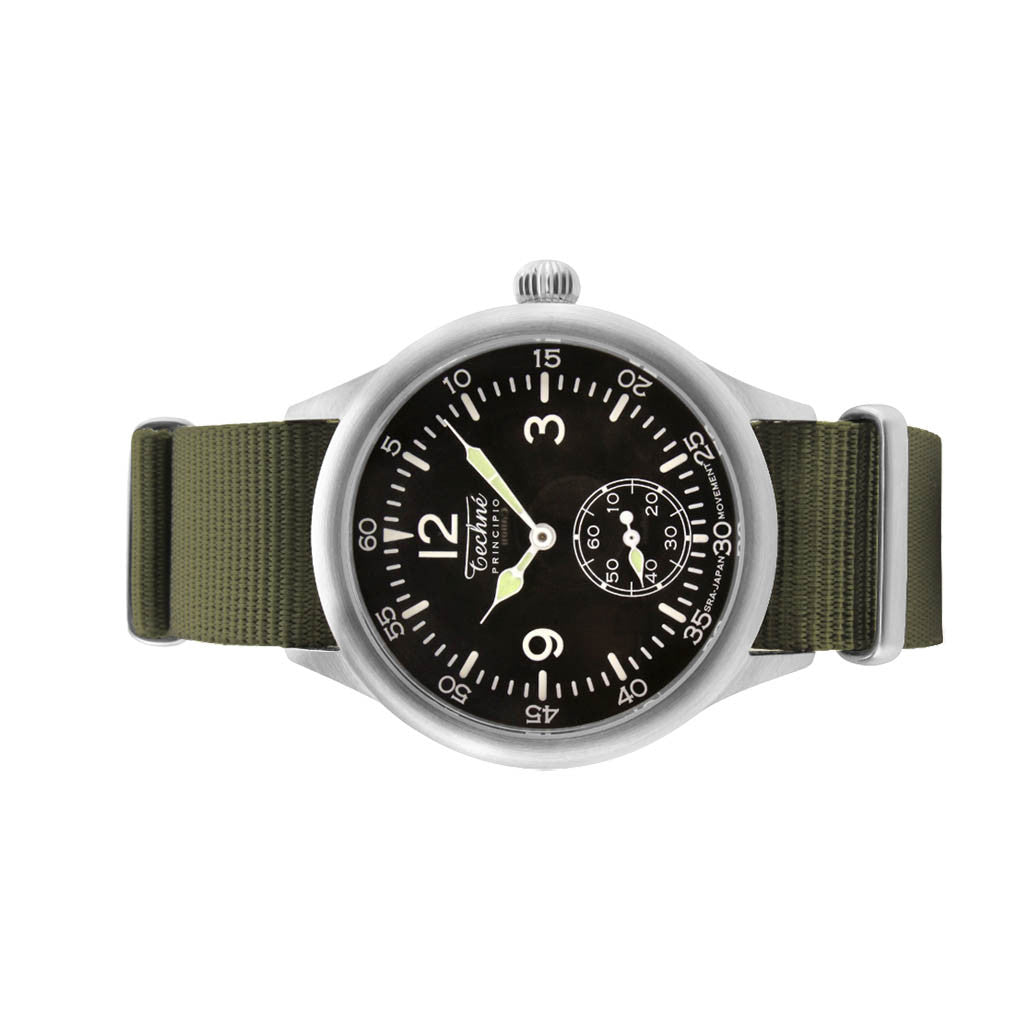 Techne 39.5mm Merlin Quartz Aviator Watch with Olive Green Strap