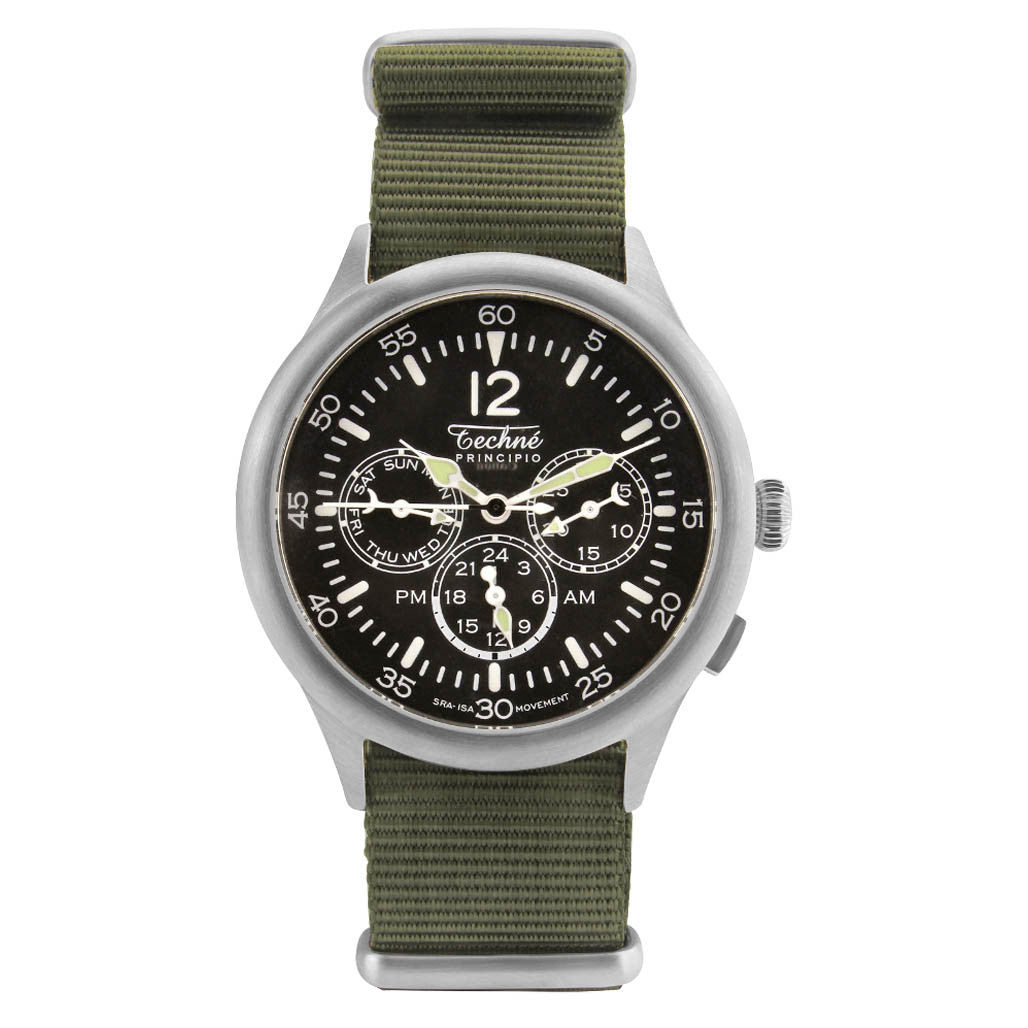 Techne 39.5mm Merlin Quartz TwinTime Watch with Olive Green Strap