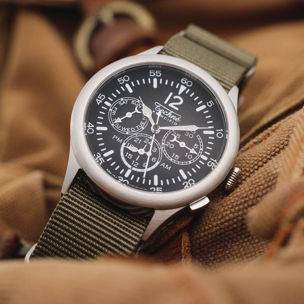 Techne 39.5mm Merlin Quartz TwinTime Watch with Olive Green Strap