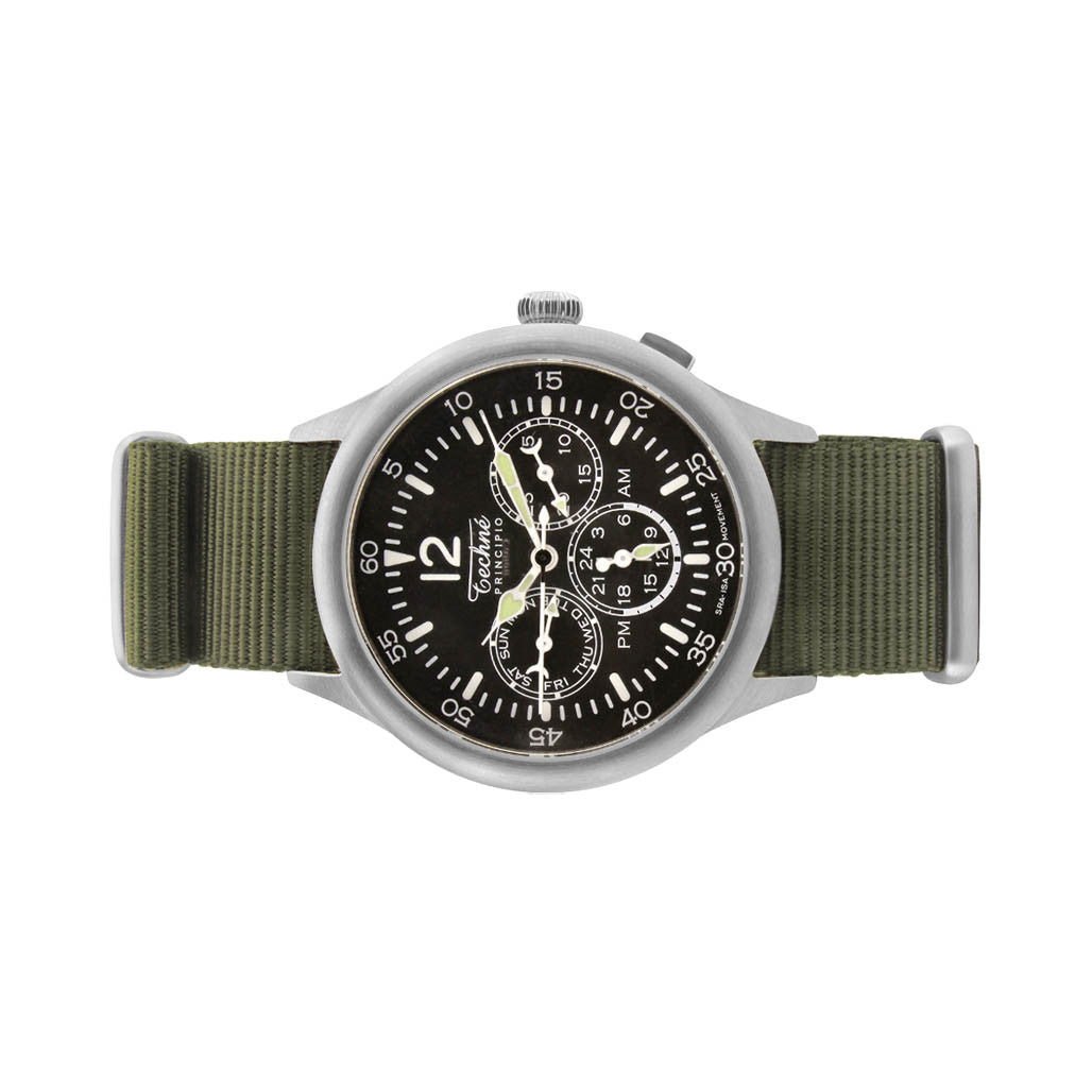 Techne 39.5mm Merlin Quartz TwinTime Watch with Olive Green Strap