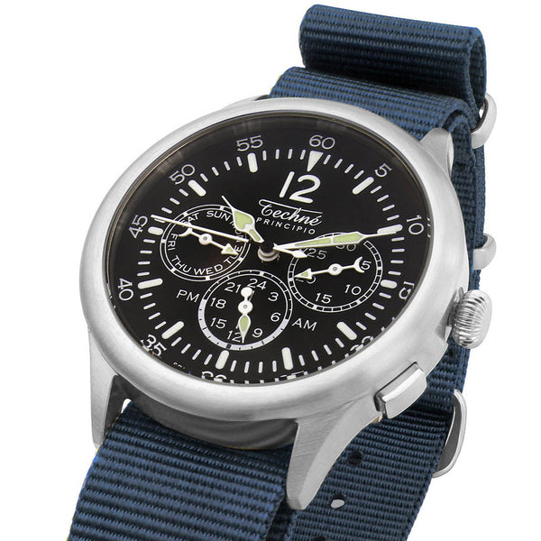 Techne 39.5mm Merlin Quartz TwinTime Watch with Navy Blue Strap #296.026
