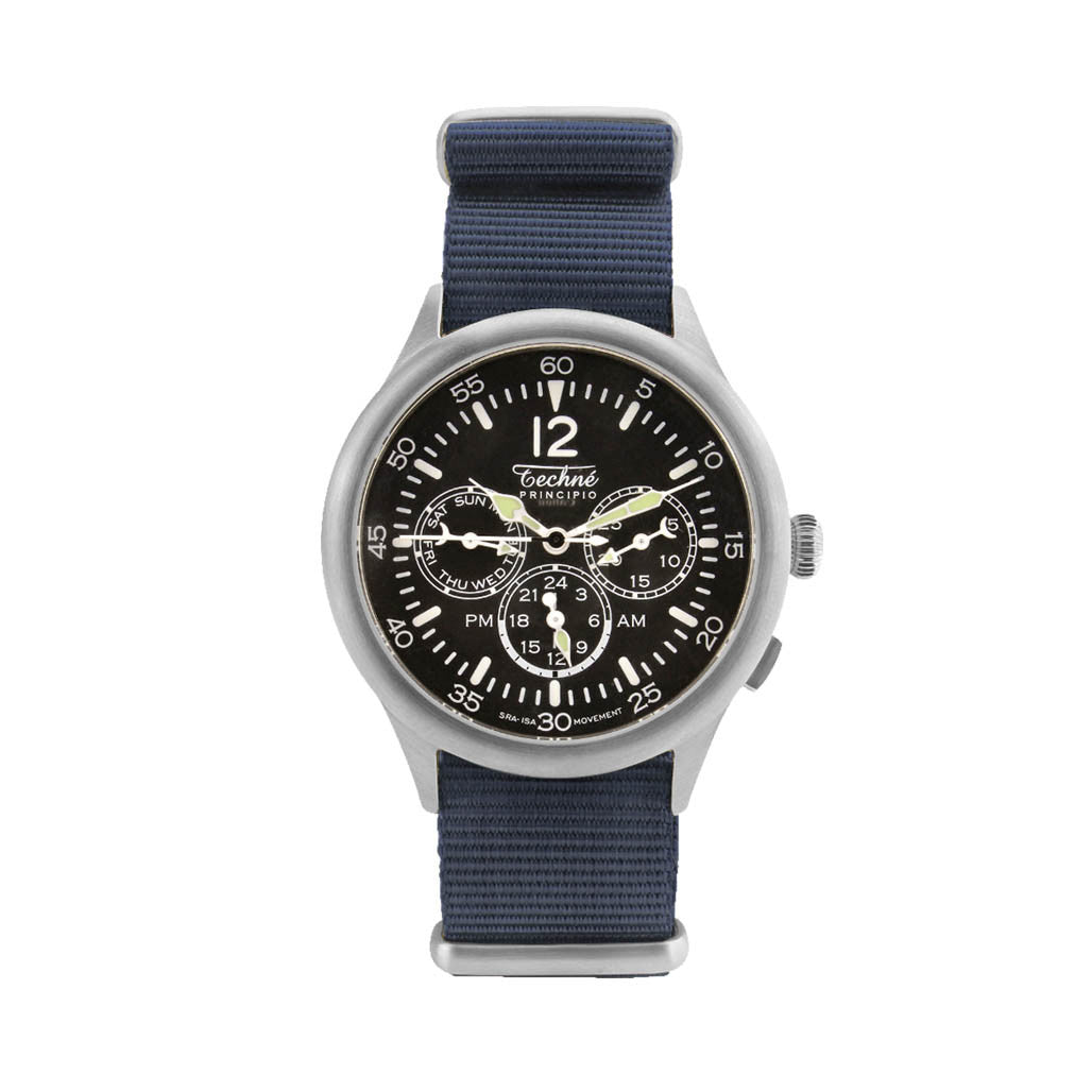 Techne 39.5mm Merlin Quartz TwinTime Watch with Navy Blue Strap