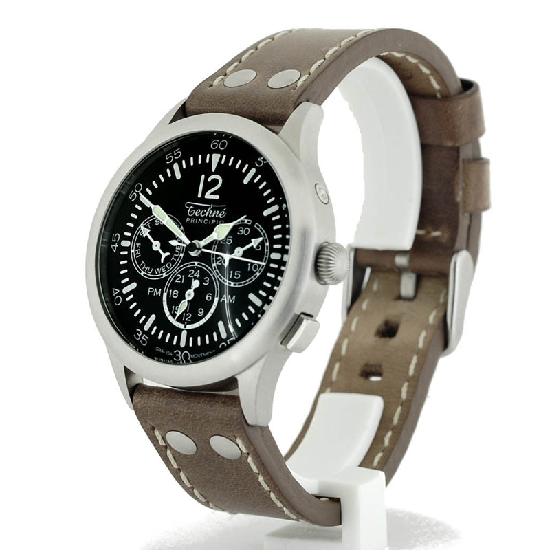 Techne 39.5mm Merlin Quartz TwinTime Watch with Riveted Chestnut Strap #296.042