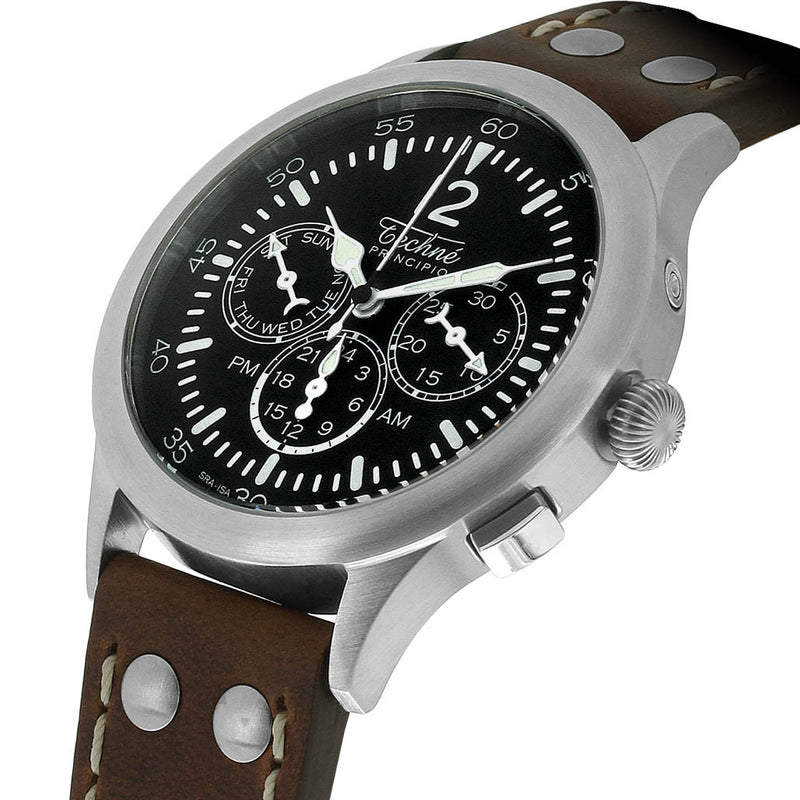 Techne 39.5mm Merlin Quartz TwinTime Watch with Riveted Chestnut Strap #296.042