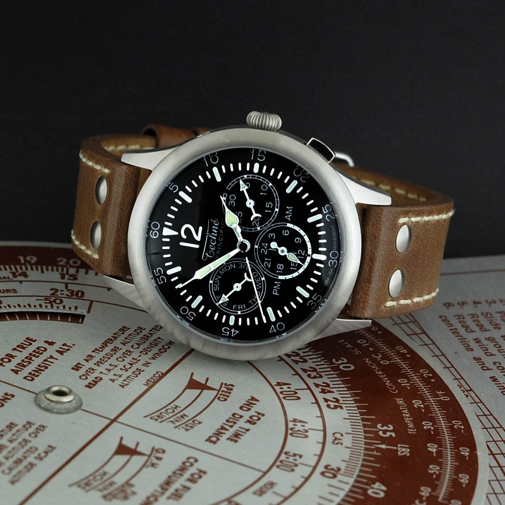 Techne 39.5mm Merlin Quartz TwinTime Watch with Riveted Chestnut