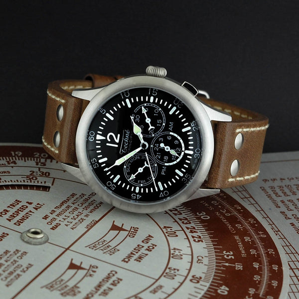 Techne 39.5mm Merlin Quartz TwinTime Watch with Riveted Chestnut Strap #296.042