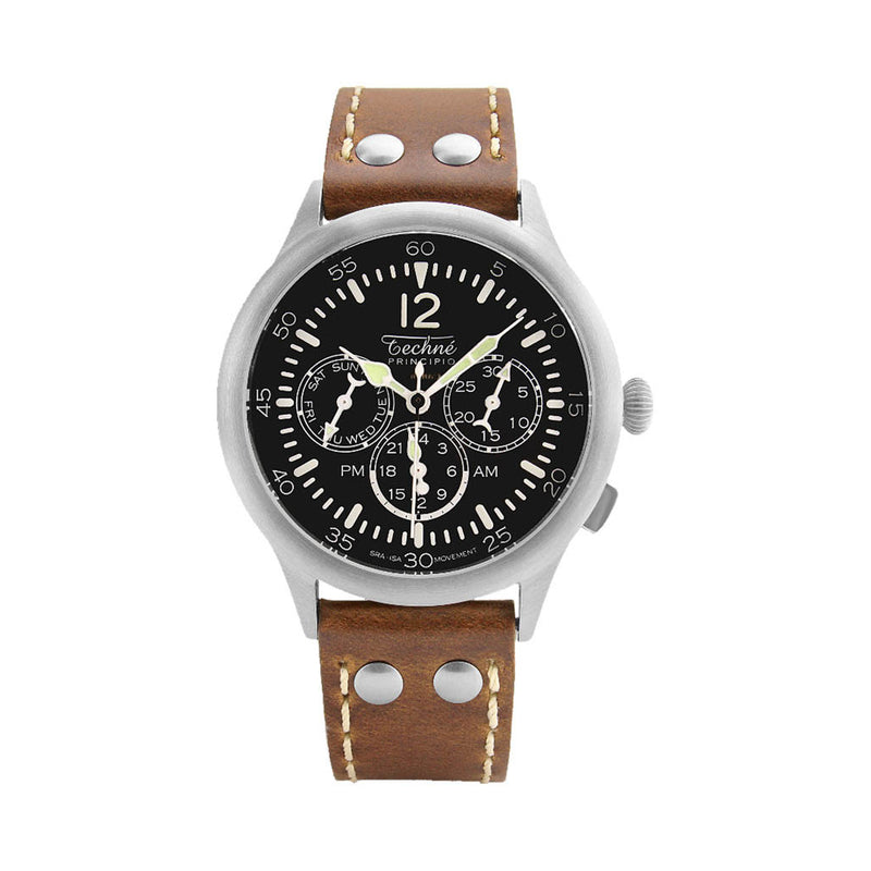 Techne 39.5mm Merlin Quartz TwinTime Watch with Riveted Chestnut Strap #296.042