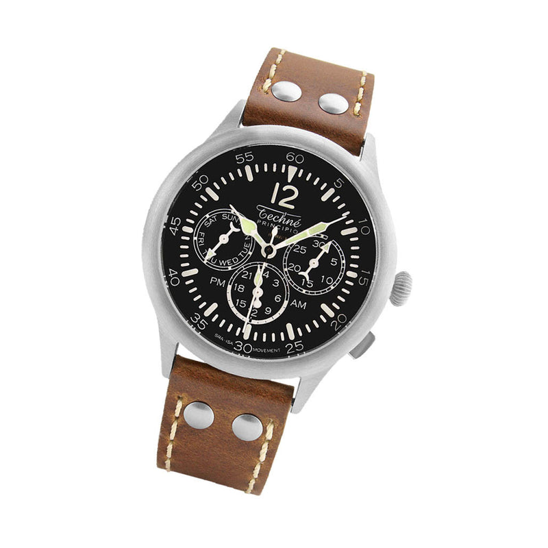 Techne 39.5mm Merlin Quartz TwinTime Watch with Riveted Chestnut Strap #296.042