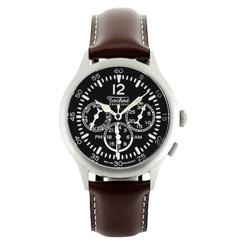 Techne 39.5mm Merlin Quartz Dual Time Watch with Chestnut Leather Strap #296.052