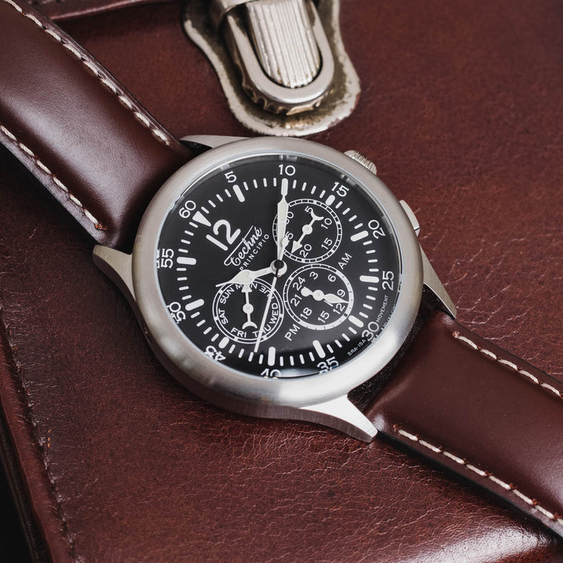 Techne 39.5mm Merlin Quartz Dual Time Watch with Chestnut Leather Strap #296.052