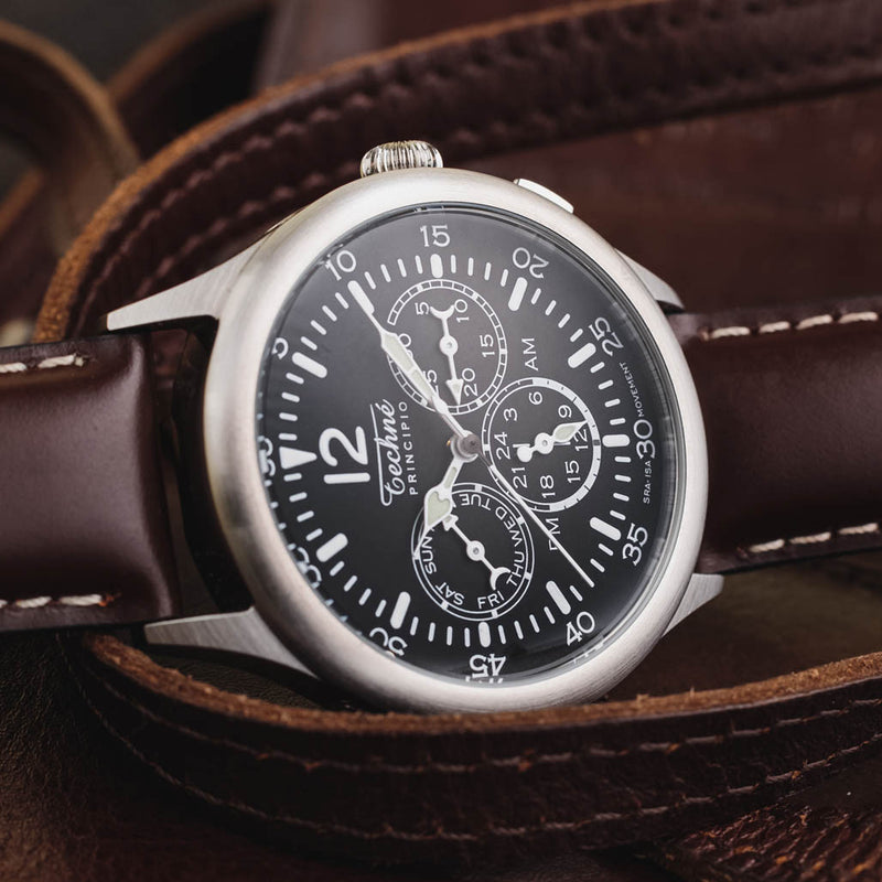 Techne 39.5mm Merlin Quartz Dual Time Watch with Chestnut Leather Strap #296.052
