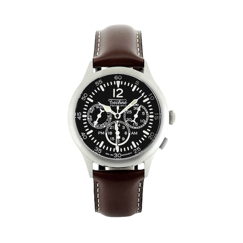 Techne 39.5mm Merlin Quartz Dual Time Watch with Chestnut Leather Strap #296.052