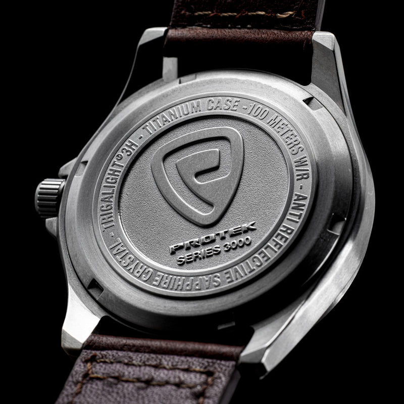 Protek IP Black Titanium Field Watch 3000 Series with Tritium T100 Tubes and Black Dial #PT3002 back