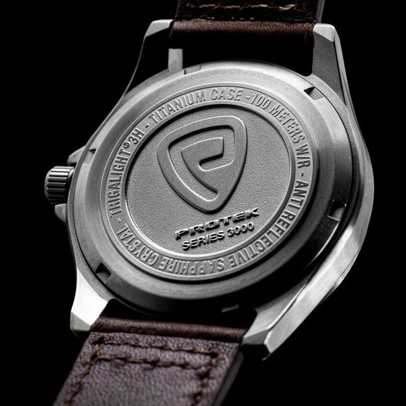 Protek Titanium Field Watch 3000 Series with Tritium T100 Tubes and Green Dial #PT3005 back