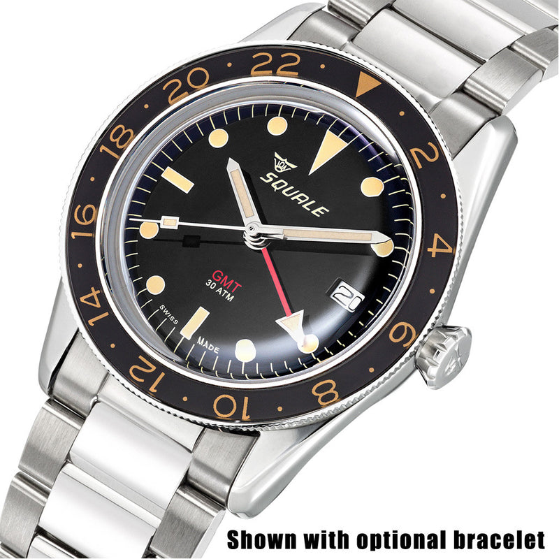 Squale 300 Meter Swiss Automatic GMT-Dive Watch, AR Sapphire Box Crystal #SUB-39GMTV Bracelet option