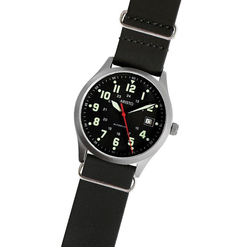 Aristo 38mm Navy Style Swiss Automatic Watch with Black Dial #3H221 Tilt