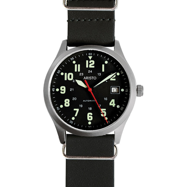 Aristo 38mm Navy Style Swiss Automatic Watch with Black Dial #3H221 Zoom