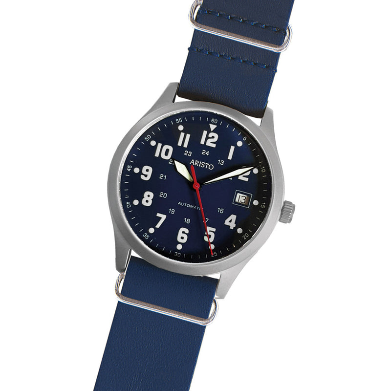 Aristo 38mm Navy Style Swiss Automatic Watch with Blue Dial #3H222 tilt