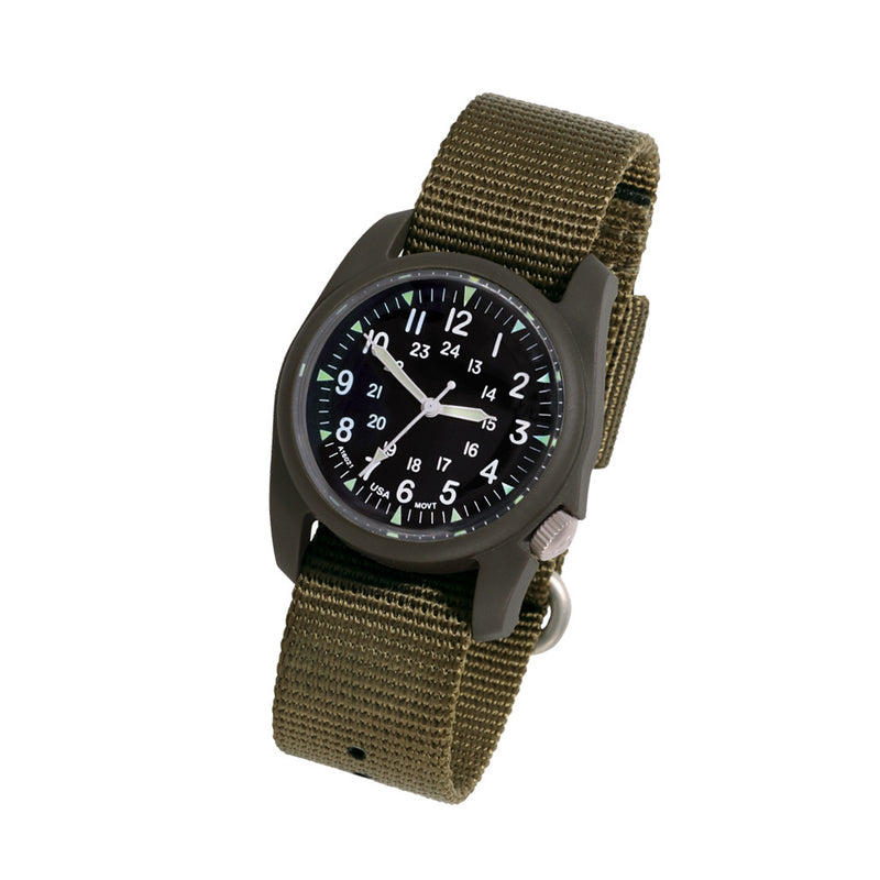 Bertucci retro-inspired Retroform field watch with a USA movement, 5 year battery and G-Type nylon band #11600 tilt