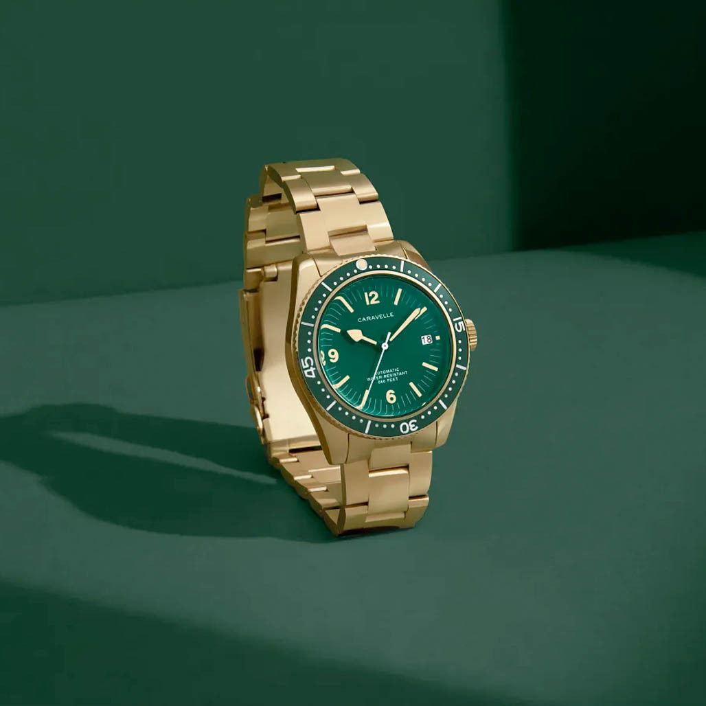 【タイムセール】×NielsBennett PROSHELLADV Caravelle Sea Hunter Automatic Goldtone Watch with Green Dial