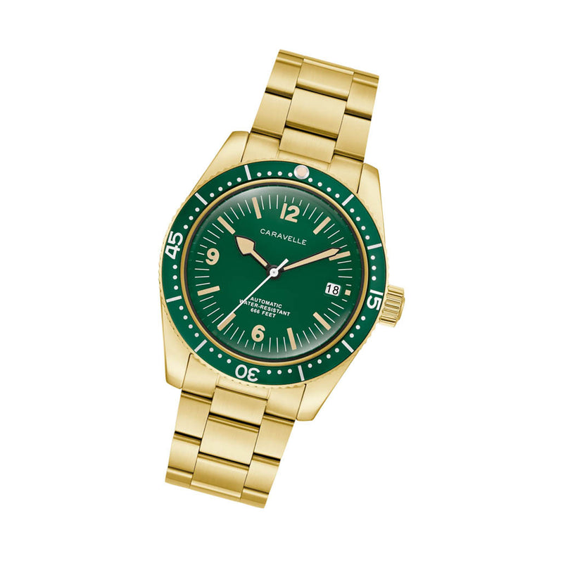Caravelle Sea Hunter Automatic Goldtone Watch with Green Dial #44B128