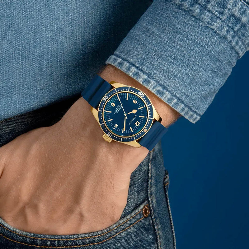 Caravelle Sea Hunter Automatic Goldtone Watch with Blue Dial #44B129