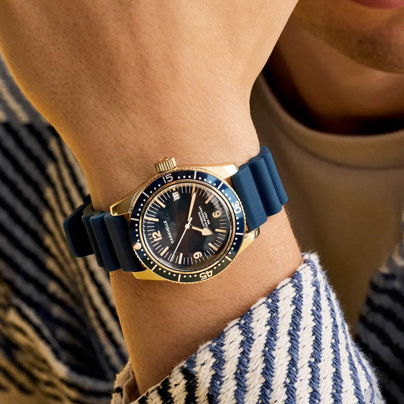 Caravelle Sea Hunter Automatic Goldtone Watch with Blue Dial #44B129