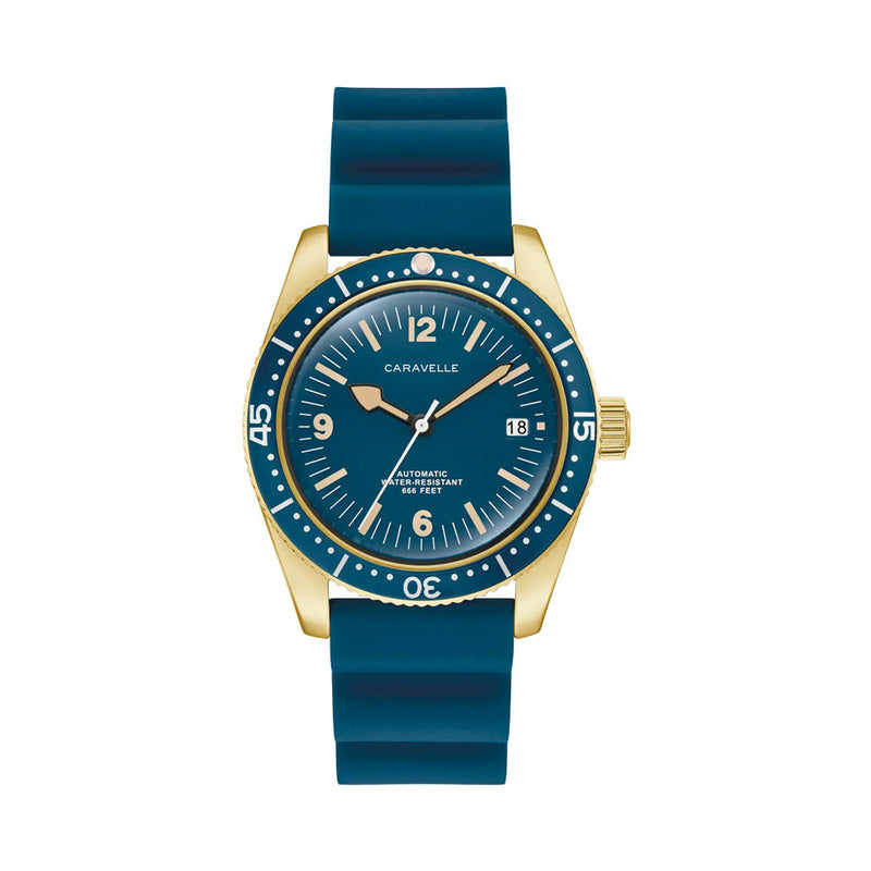 Caravelle Sea Hunter Automatic Goldtone Watch with Blue Dial #44B129