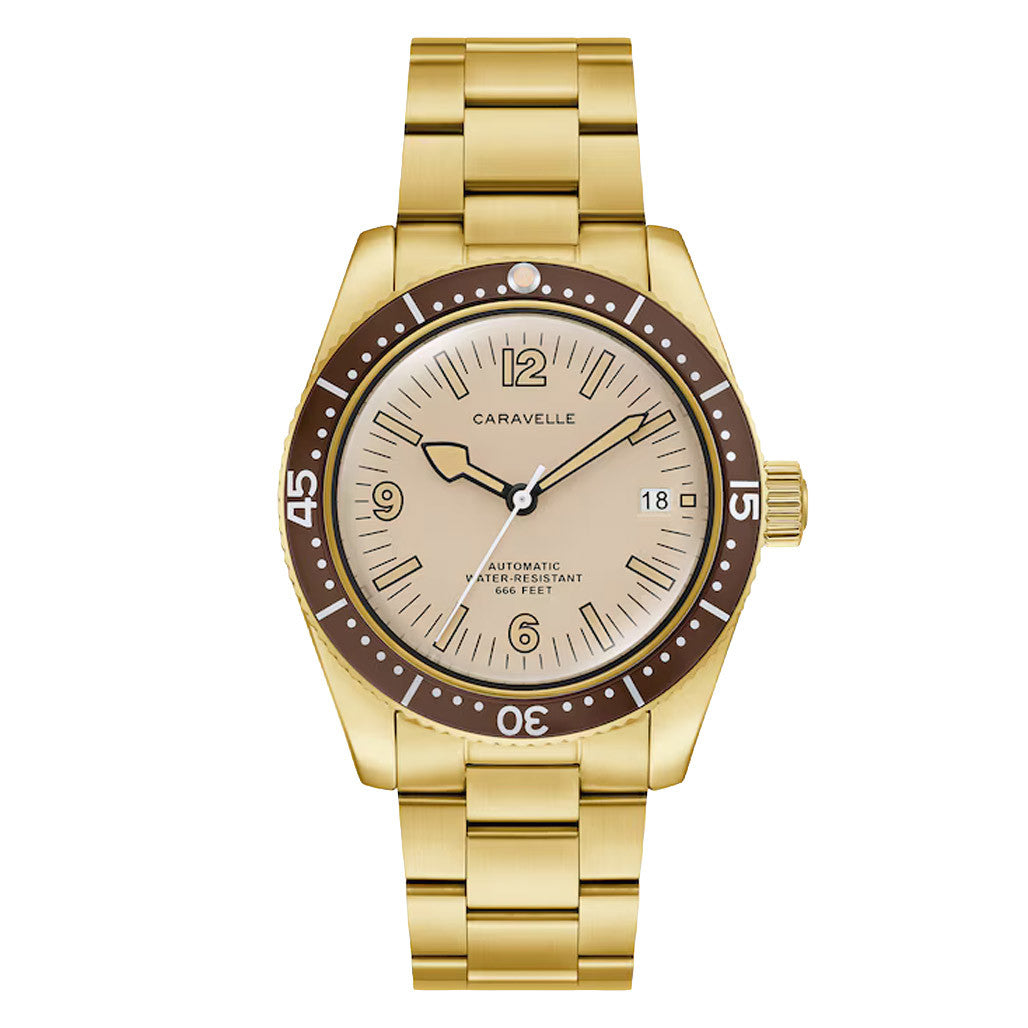 アウフヘーベン ナーチャー シャンパンゴールド Caravelle Sea Hunter Automatic Goldtone Watch with Beige Dial