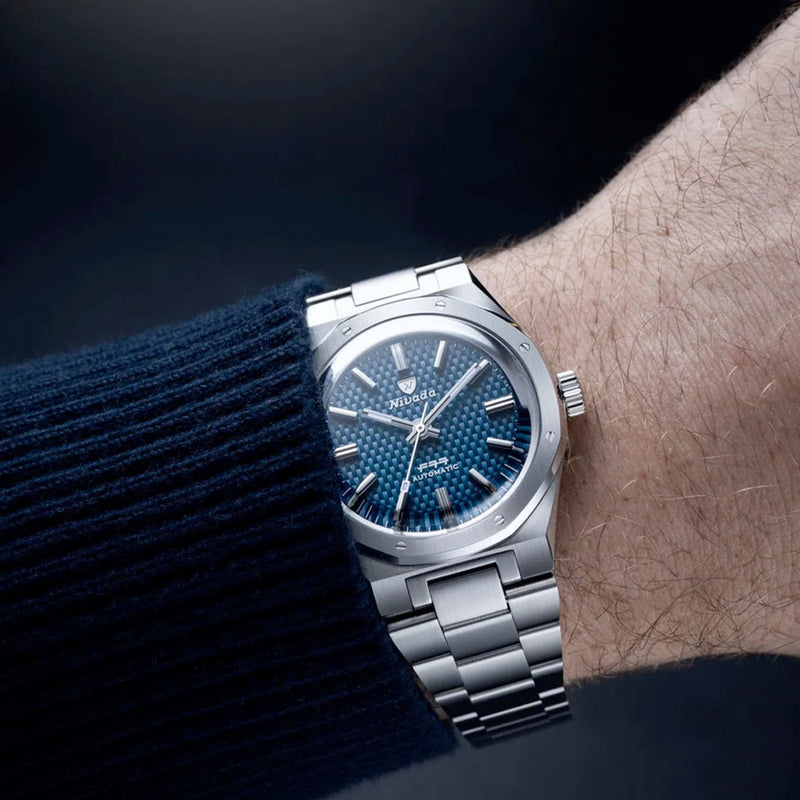 Nivada Grenchen 37mm F77 Watch with Blue Tapisserie Dial #68001A77