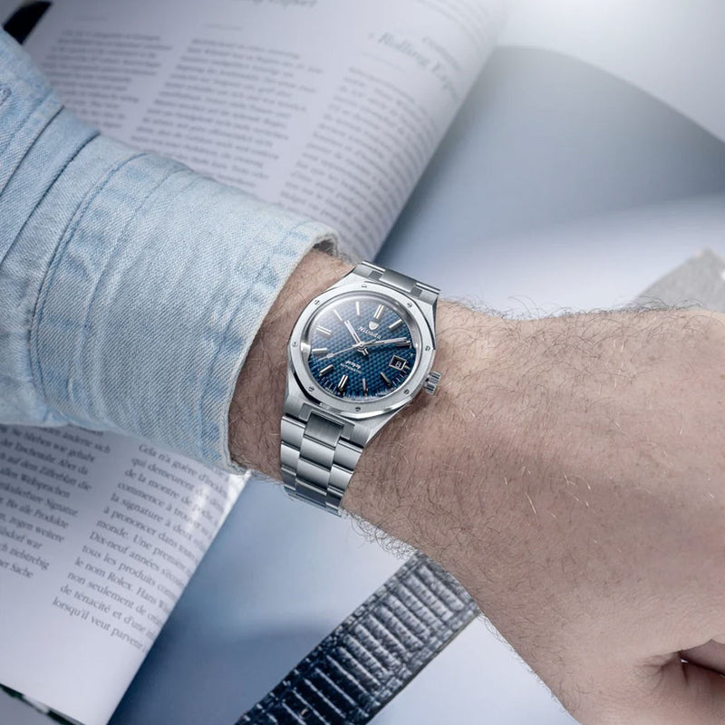 Nivada Grenchen 37mm F77 Watch with Blue Tapisserie Dial #68001A77